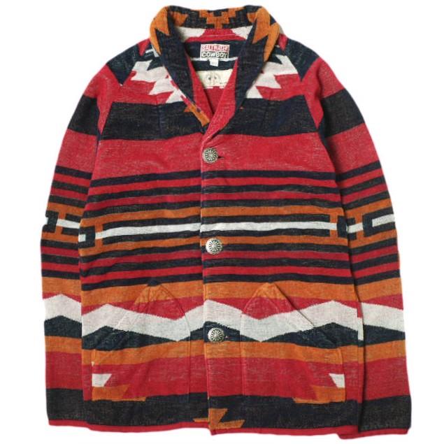 SALTWATER COWBOY x BEAMS PLUS ソルトウォーターカウボーイ 別注 ネイティブ柄パイルショールカラーカーディガン M レッド コンチョボタン | 
