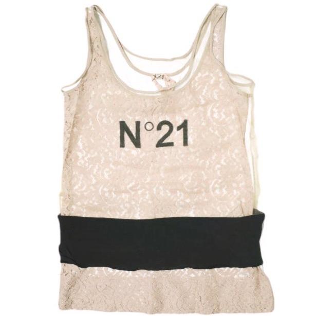 N°21 ヌメロヴェントゥーノ イタリア製 チュール＆レースレイヤード ロゴタンクトップ 15S-F021-4152 36 Beige ノースリーブ Tシャツ | 