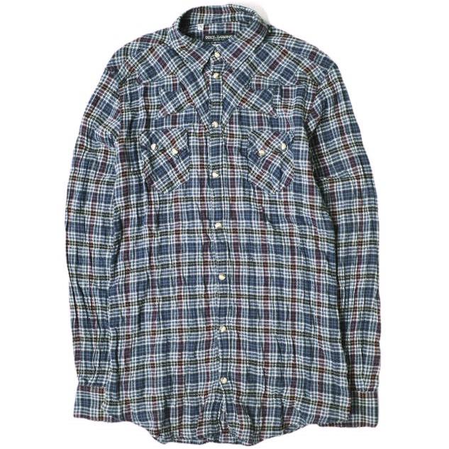 DOLCE＆GABBANA ドルチェアンドガッバーナ イタリア製 GOLD チェックウエスタンシャツ G5AW2T / FQEAF 151/2(39) BLUE 長袖 g20512 | 