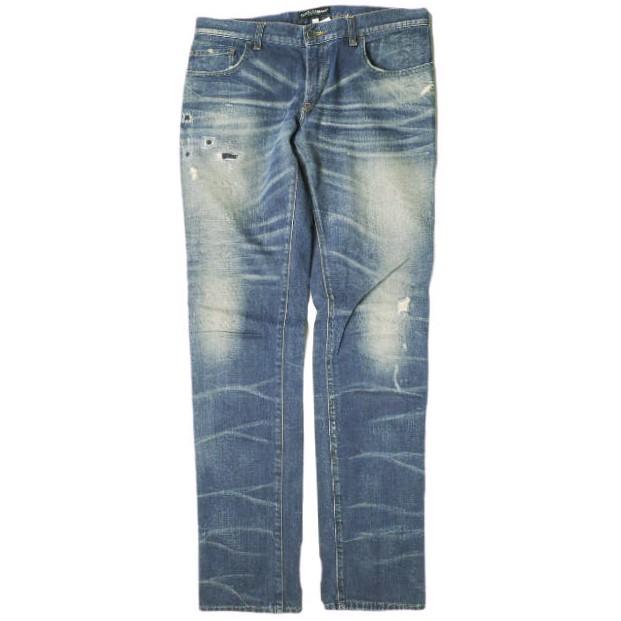 DOLCE＆GABBANA ドルチェアンドガッバーナ 14GOLD  ロゴプレート付き リペア加工デニムパンツ G39CLP G8M44 46 Indigo ローライズ ジーンズ | 