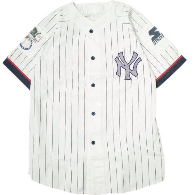 STARTER スターター 90s ニューヨークヤンキース ピンストライプ ベースボールシャツ L程度 WHITE/NAVY 半袖 MLB NY トップス g22690 | 