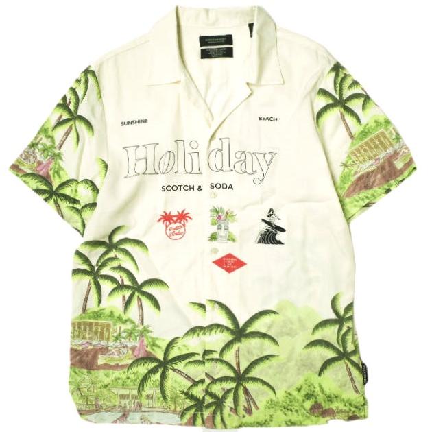 SCOTCH＆SODA スコッチアンドソーダ Holiday プリントハワイアンシャツ 155185 S ベージュ 半袖 開襟 オープンカラー アロハシャツ g22714 | 