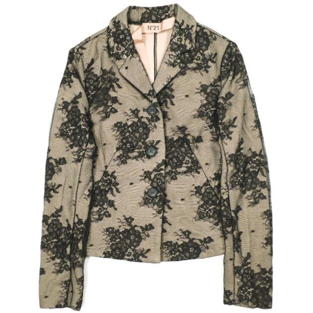 新品 N°21 ヌメロヴェントゥーノ 23SS フラワー刺繍レースジャケット 23SW-L043-4727 42 BLACK/BEIGE 定価162,800円 3B テーラード g23018 | 