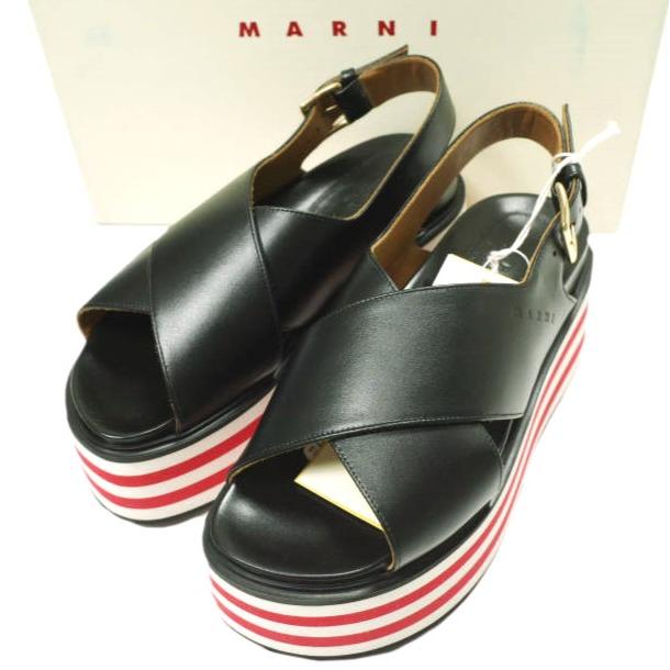 新品 MARNI マルニ 22SS フスベッドウエッジソールサンダル ZPMS007506 P3586 38(24-24.5cm) BLACK 定価119,900円 レザーストラップ 厚底 | 