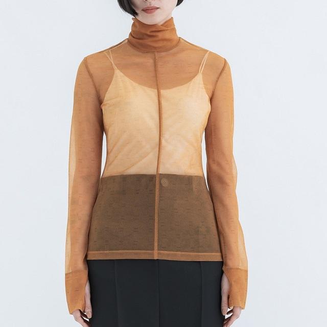 新品 Mame Kurogouchi マメクロゴウチ Marble Printed Plaid Sheer High Neck Top シアーカットソー MM23SS-JS020 2 BROWN 定価35,200円 |  | 02