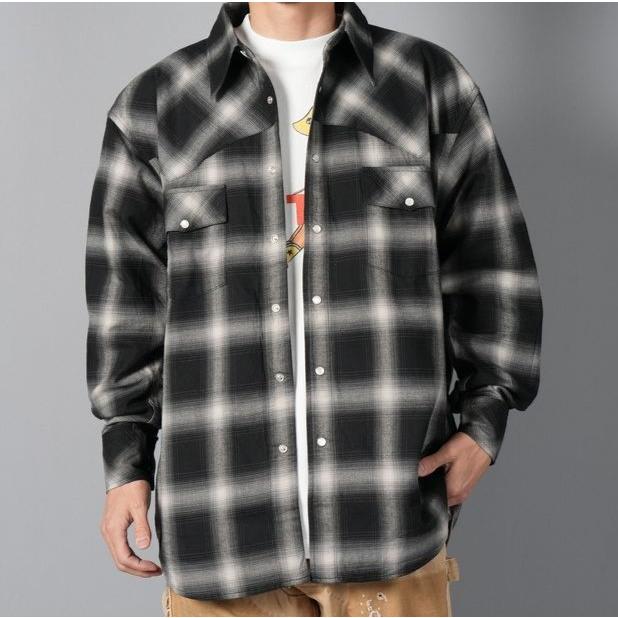 新品 LASTMAN ラストマン 25SS 日本製 OMBRE PLAID WESTERN SHIRTS オンブレチェックウエスタンシャツ 251LM-SH03 L BLACK 定価77,000円 |  | 02