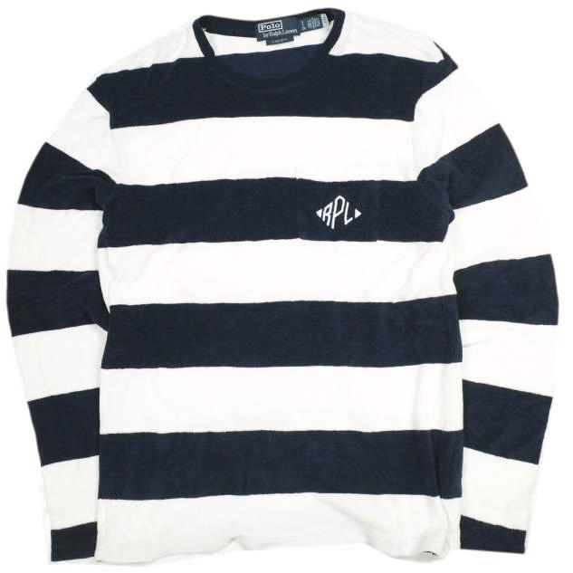 POLO RALPH LAUREN ポロ・ラルフローレン ワイドボーダーパイルロングスリーブポケットTシャツ S XS NAVY/WHITE 長袖 ロゴ刺繍 テリー | 