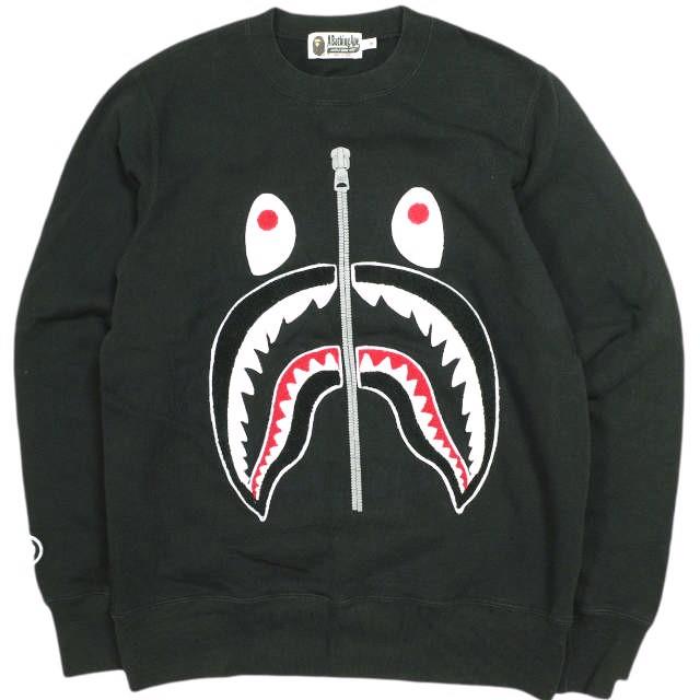 A BATHING APE ア ベイシング エイプ SHARK CREWNECK SWEATSHIRT シャーククルーネックスウェット 001SWG801021X M BLACK 裏起毛 BAPE WGM | 