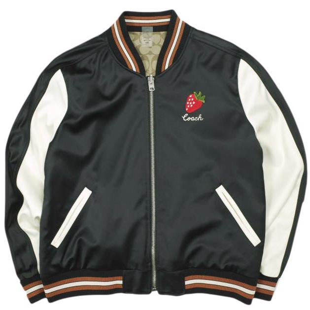 COACH コーチ リバーシブル シグネチャー スーベニアジャケット ストロベリーエンブロイダリー CG460 S BLACK/WHITE イチゴ スカジャン | 