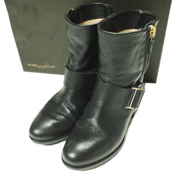 PELLICO ペリーコ イタリア製 カウレザー サイドジップペコスブーツ PL14-1010 35(22-22.5cm) ブラック ベルト シューズ g24596 | 