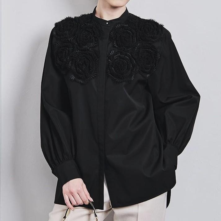 UNITED ARROWS ユナイテッドアローズ フラワーチュールブラウス 1521-199-1440 38 BLACK 長袖 バンドカラー シャツ トップス g26074 |  | 02