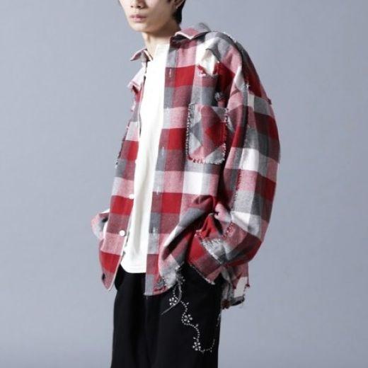 新品 Danke Schon ダンケシェーン 25AW FLANNEL DAMAGE SHIRTS BLOCK ダメージ加工 フランネルチェックシャツ UNS24033B-DS L RED 長袖 |  | 02