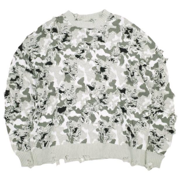 Danke Schon ダンケシェーン CAMO KNIT CREWNECK ダメージ加工 カモフラージュクルーネックニット Free GRAY セーター サンプル品 トップス | 