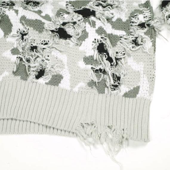 Danke Schon ダンケシェーン CAMO KNIT CREWNECK ダメージ加工 カモフラージュクルーネックニット Free GRAY セーター サンプル品 トップス |  | 05