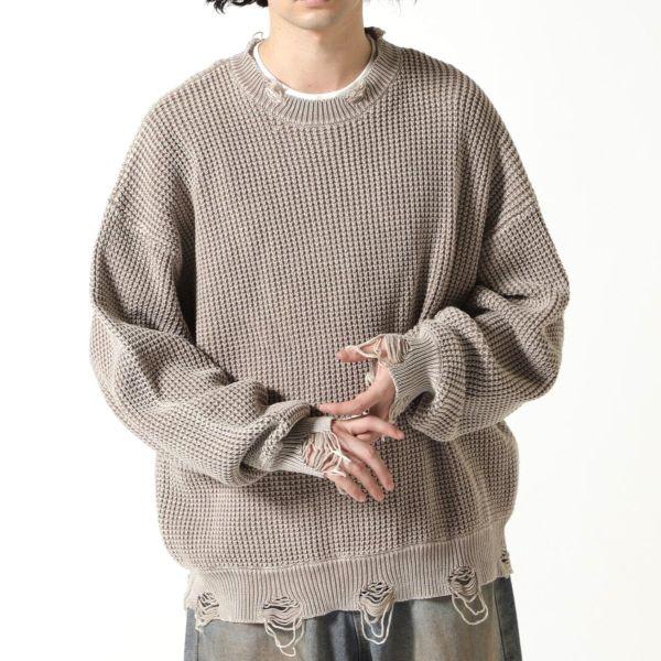 Danke Schon ダンケシェーン PIGMENT STONEWASH DAMAGE AZE CREWNECK ストーンウォッシュ ダメージ加工畦編みクルーネックニット セーター |  | 02