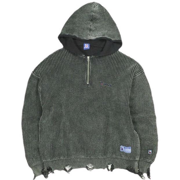 Danke Schon ダンケシェーン PIGMENT STONEWASH DAMAGE AZE HALFZIP HOODIE ダメージ加工畦編みハーフジップニットパーカー L ブラック | 
