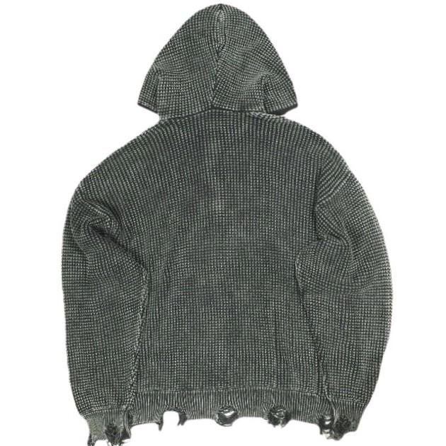 Danke Schon ダンケシェーン PIGMENT STONEWASH DAMAGE AZE HALFZIP HOODIE ダメージ加工畦編みハーフジップニットパーカー L ブラック |  | 01