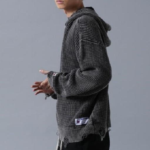 Danke Schon ダンケシェーン PIGMENT STONEWASH DAMAGE AZE HALFZIP HOODIE ダメージ加工畦編みハーフジップニットパーカー L ブラック |  | 02