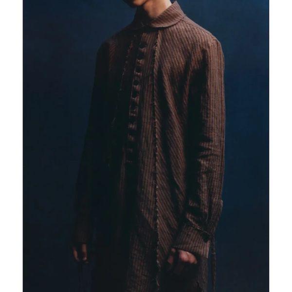 新品 Omar Afridi オマールアフリディ KAKISHIBU STRIPES LINEN ATELIER SHIRTS 柿渋染めストライプ リネンラウンドカラーロングシャツ S |  | 02