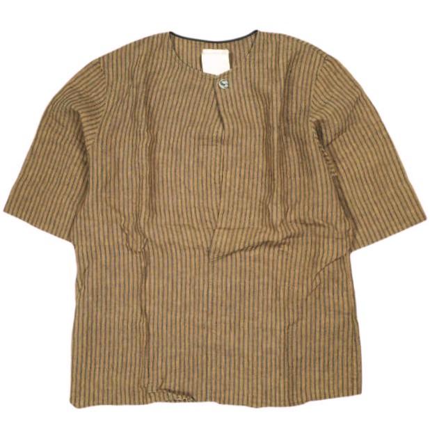 Omar Afridi オマールアフリディ KAKISHIBU STRIPES LINEN HALF SLEEVES SHIRT ハーフスリーブシャツ M Brown ノーカラー プルオーバー | 