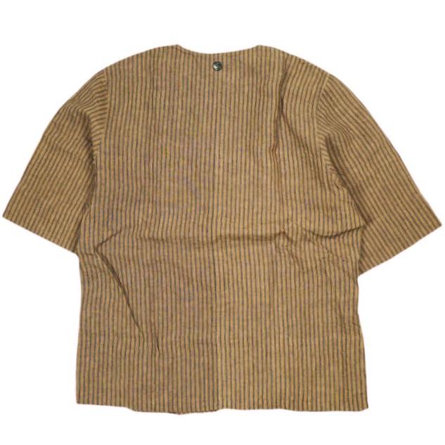 Omar Afridi オマールアフリディ KAKISHIBU STRIPES LINEN HALF SLEEVES SHIRT ハーフスリーブシャツ M Brown ノーカラー プルオーバー |  | 01