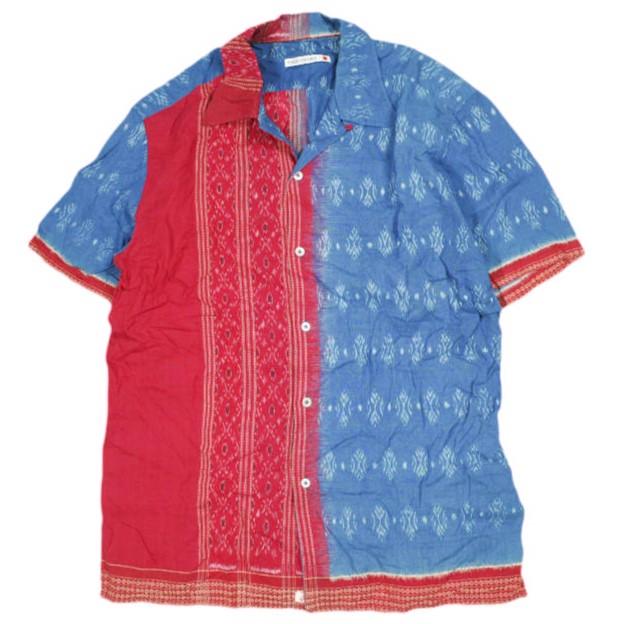 PERIOD FEATURES ピリオドフィーチャーズ Indian Cotton Patchwork Open Collar Shirt S/S オープンカラーシャツ PF-DK-004 3 BLUE/RED | 
