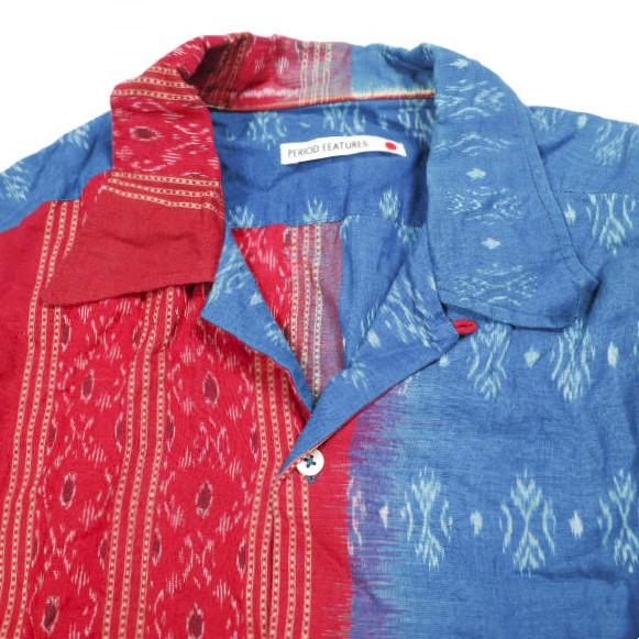 PERIOD FEATURES ピリオドフィーチャーズ Indian Cotton Patchwork Open Collar Shirt S/S オープンカラーシャツ PF-DK-004 3 BLUE/RED |  | 03