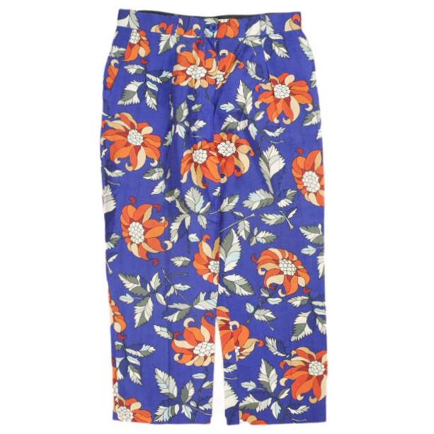 OSTWALD HELGASON  オズワルドヘルガソン イギリス製 ボタニカルプリント 1プリーツシルクパンツ UK8 Blue サテン テーパード フラワー | 