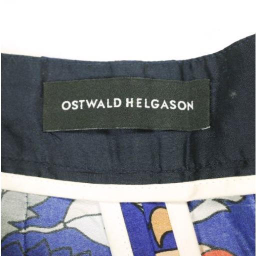 OSTWALD HELGASON  オズワルドヘルガソン イギリス製 ボタニカルプリント 1プリーツシルクパンツ UK8 Blue サテン テーパード フラワー |  | 03