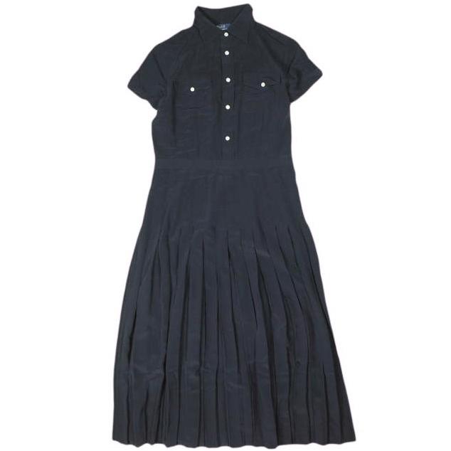 POLO RALPH LAUREN ポロ・ラルフローレン シルク クレープ プリーテッド シャツドレス 2 NAVY 半袖 ワンピース 定価86,900円 トップス | 