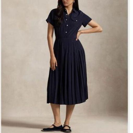 POLO RALPH LAUREN ポロ・ラルフローレン シルク クレープ プリーテッド シャツドレス 2 NAVY 半袖 ワンピース 定価86,900円 トップス |  | 02