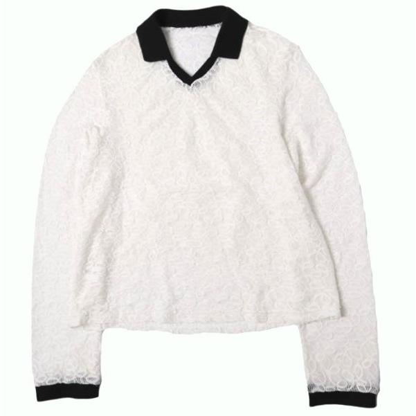 SIMONE WILD シモーネワイルド 25AW ドイツ製 LACE TRIKOT スキッパーネック レースポロシャツ M OFF WHITE/BLACK 長袖 ブラウス トップス | 