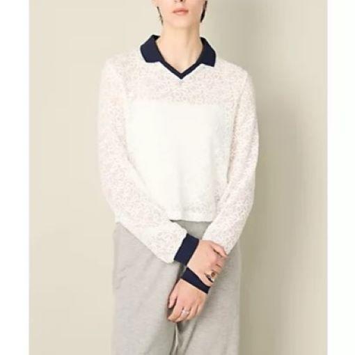 SIMONE WILD シモーネワイルド 25AW ドイツ製 LACE TRIKOT スキッパーネック レースポロシャツ M OFF WHITE/BLACK 長袖 ブラウス トップス |  | 02