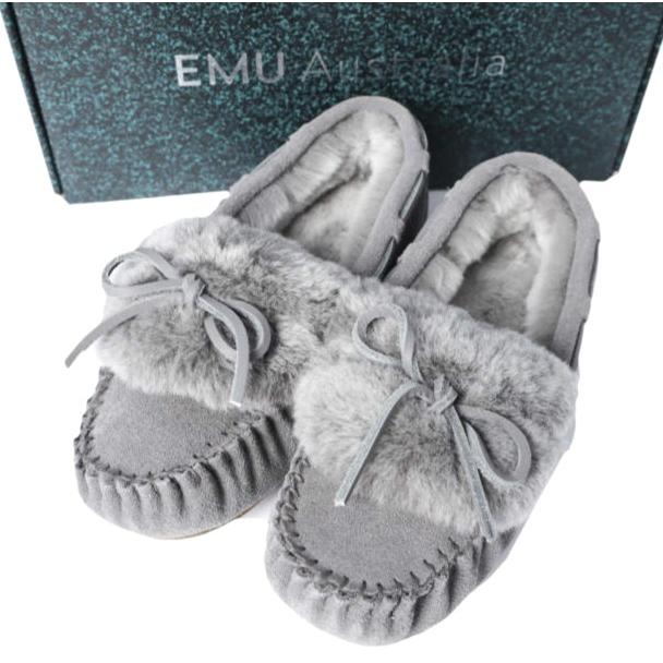 新品 EMU Australia エミューオーストラリア AMITY CUFF FROST リボンファー ムートン モカシン W12016 US5(22cm) CHARCOAL  ボア シューズ | 