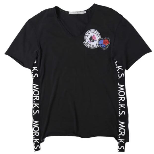 FranCisT_MOR.K.S. フランシストモークス 日本製 サイドロゴテープ VネックTシャツ 3 BLACK 半袖 スカル ハイビスカス ハート ワッペン | 