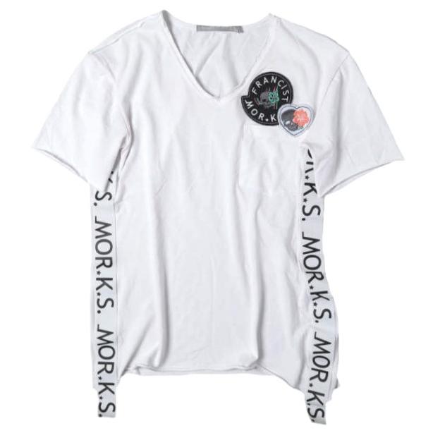 FranCisT_MOR.K.S. フランシストモークス 日本製 サイドロゴテープ VネックTシャツ 2 WHITE 半袖 スカル ハイビスカス ハート ワッペン | 