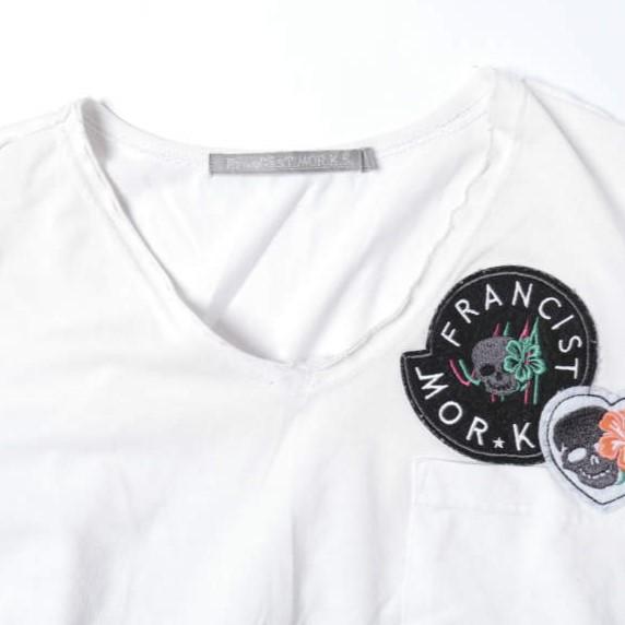 FranCisT_MOR.K.S. フランシストモークス 日本製 サイドロゴテープ VネックTシャツ 2 WHITE 半袖 スカル ハイビスカス ハート ワッペン |  | 03