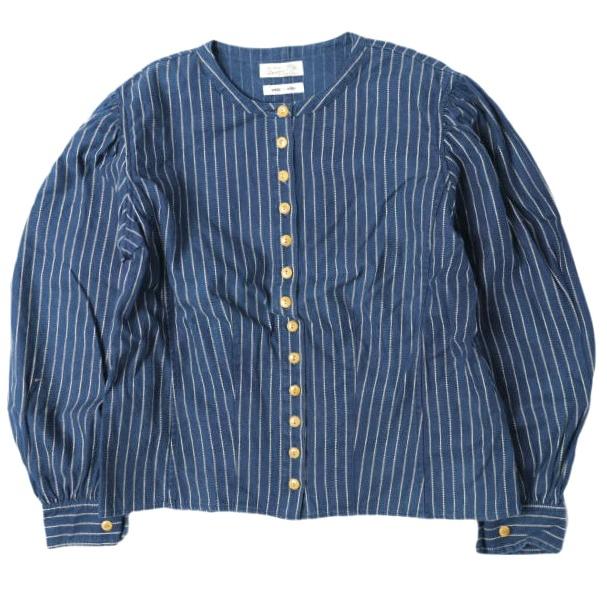 BEAMS BOY ビームスボーイ 日本製 ウォバッシュストライプノーカラーシャツ  1311-0016-818 ONE SIZE Indigo 長袖 バンドカラー トップス | 