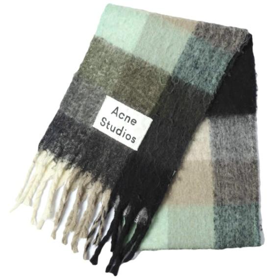 Acne Studios アクネストゥディオズ イタリア製 フリンジチェックマフラー 274176 Murti Green ウール スカーフ g27807 | 