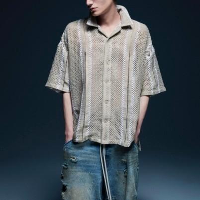 Danke Schon ダンケシェーン 26SS RUSSELL S/S SHIRTS ラッセル編み ショートスリーブニットシャツ L BEIGE L.H.P. 半袖 開襟 ストライプ |  | 02