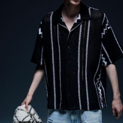 Danke Schon ダンケシェーン 26SS RUSSELL S/S SHIRTS ラッセル編み ショートスリーブニットシャツ M BLACK L.H.P. 半袖 開襟 ストライプ |  | 02