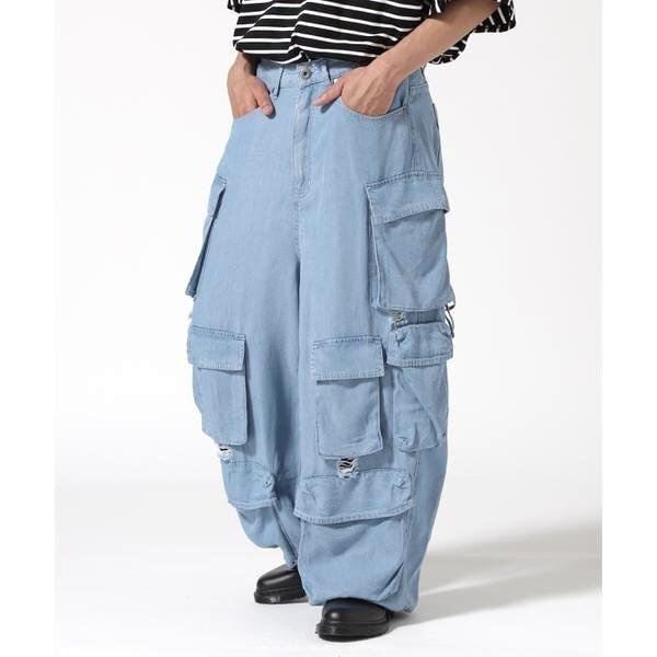 Danke Schon ダンケシェーン PREMIUM RELUX DENIM ICEWASH CARGOPANTS ダメージ加工 デニムワイドカーゴパンツ L Blue L.H.P. サンプル品 |  | 02