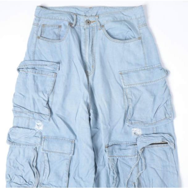Danke Schon ダンケシェーン PREMIUM RELUX DENIM ICEWASH CARGOPANTS ダメージ加工 デニムワイドカーゴパンツ L Blue L.H.P. サンプル品 |  | 03