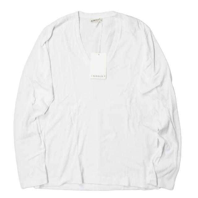 オーラリー AURALEE 日本製 SEAMLESS V NECK L/S TEE シームレスVネックロングスリーブTシャツ A7AV05ST 1 ホワイト 長袖 トップス | 