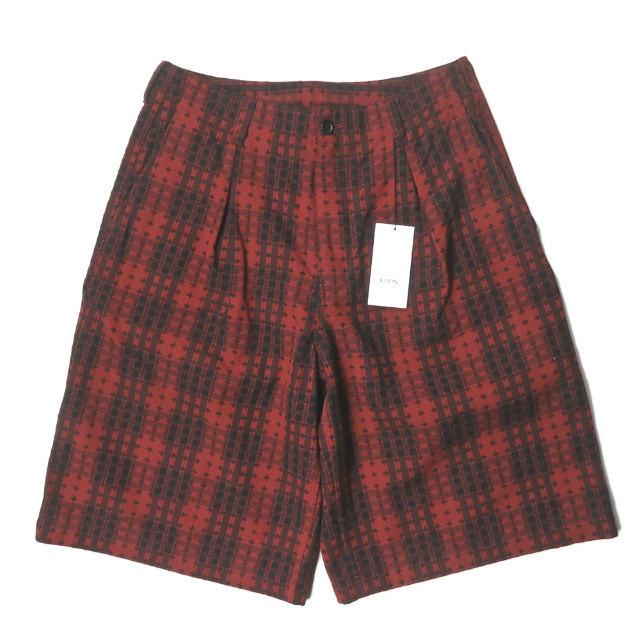 新品 KUON クオン 20AW SASHIKO TARTAN 3/4 Length Pants 刺し子タータンチェックショーツ 2002-PT0307 M レッド ショートパンツ g2883 | 