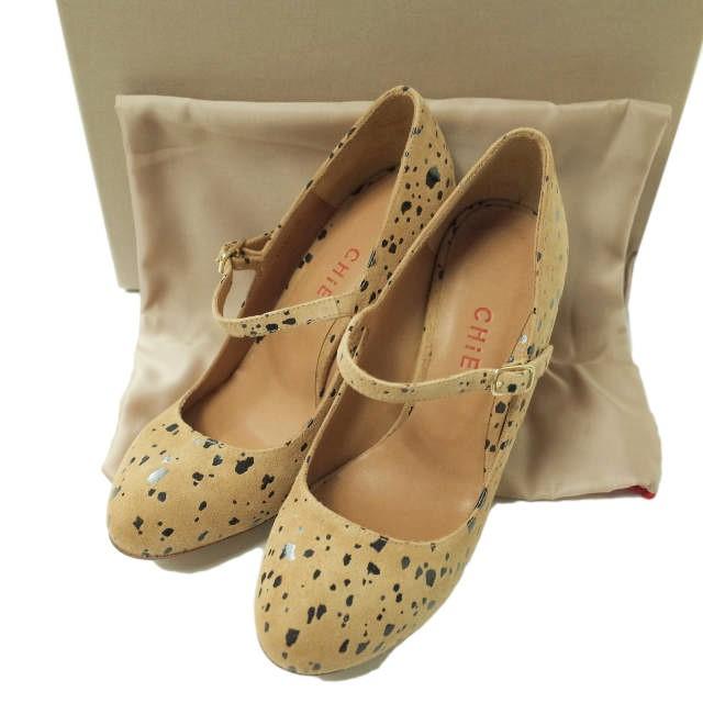 新品 CHIE MIHARA チエミハラ GIA アニマル柄 スエードストラップヒールパンプス 37(23.524cm) TAN チャンキー