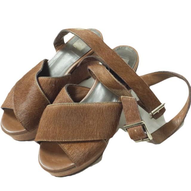 ELIN エリン 日本製 ウエッジソール アンクルストラップ ハラコサンダル 36(22.5cm) ブラウン クロス シューズ g8292 | 