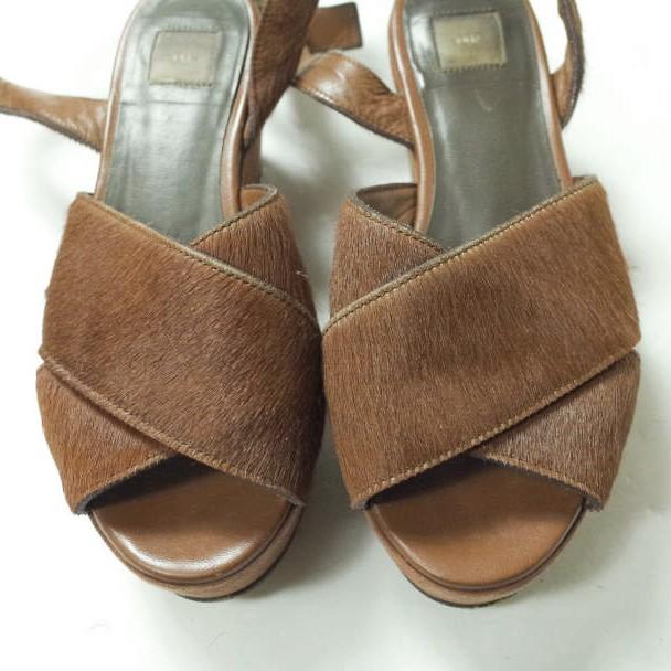 ELIN エリン 日本製 ウエッジソール アンクルストラップ ハラコサンダル 36(22.5cm) ブラウン クロス シューズ g8292 |  | 04