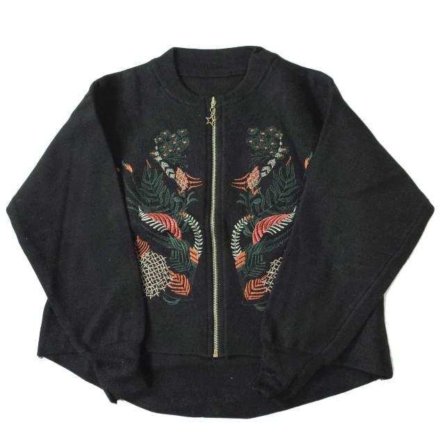 新品 no brand ノーブランド 刺繍デザイン ジップアップニットジャケット 165/88A ブラック ブルゾン カーディガン アウター h052 | 