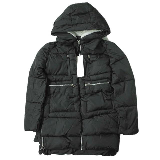 新品 no brand ノーブランド ボア付き フーデッドミリタリーダウンコート L BLACK 中綿 ZIP アウター h125 | 